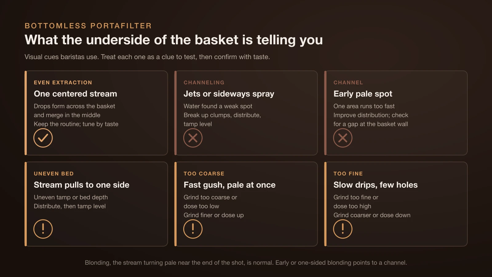 Chart of six bottomless portafilter shot patterns: one centered stream means even extraction, sideways jets and an early pale spot mean channeling, a stream pulling to one side means an uneven bed, a fast pale gush means the grind is too coarse, and slow drips from a few holes mean the grind is too fine