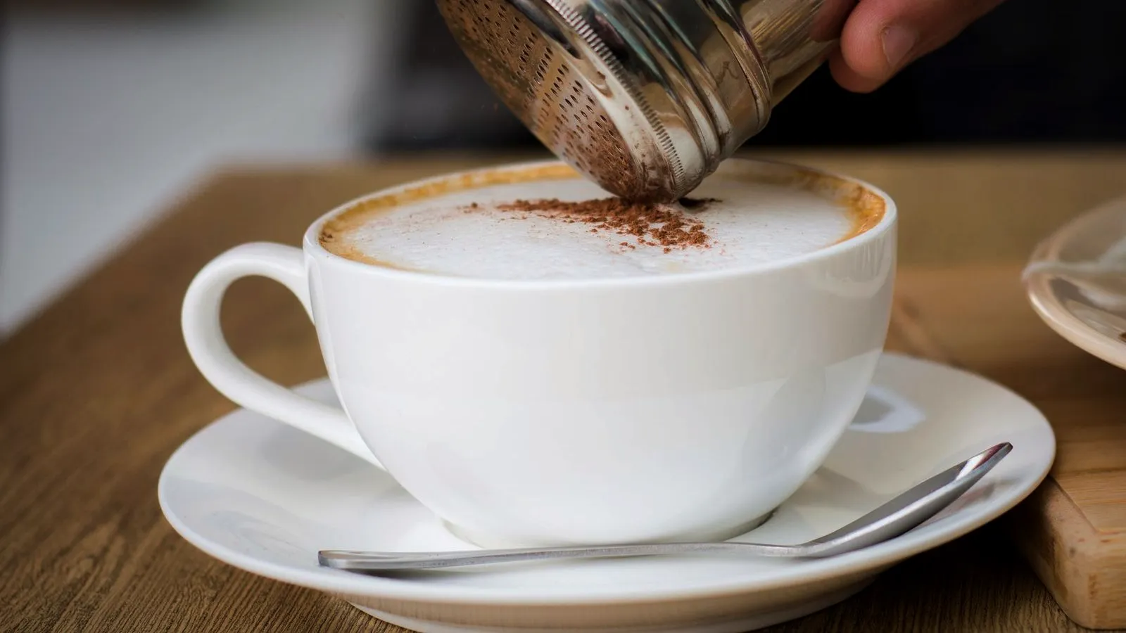 A metal shaker dusting cocoa powder over the milk foam of a coffee in a white cup