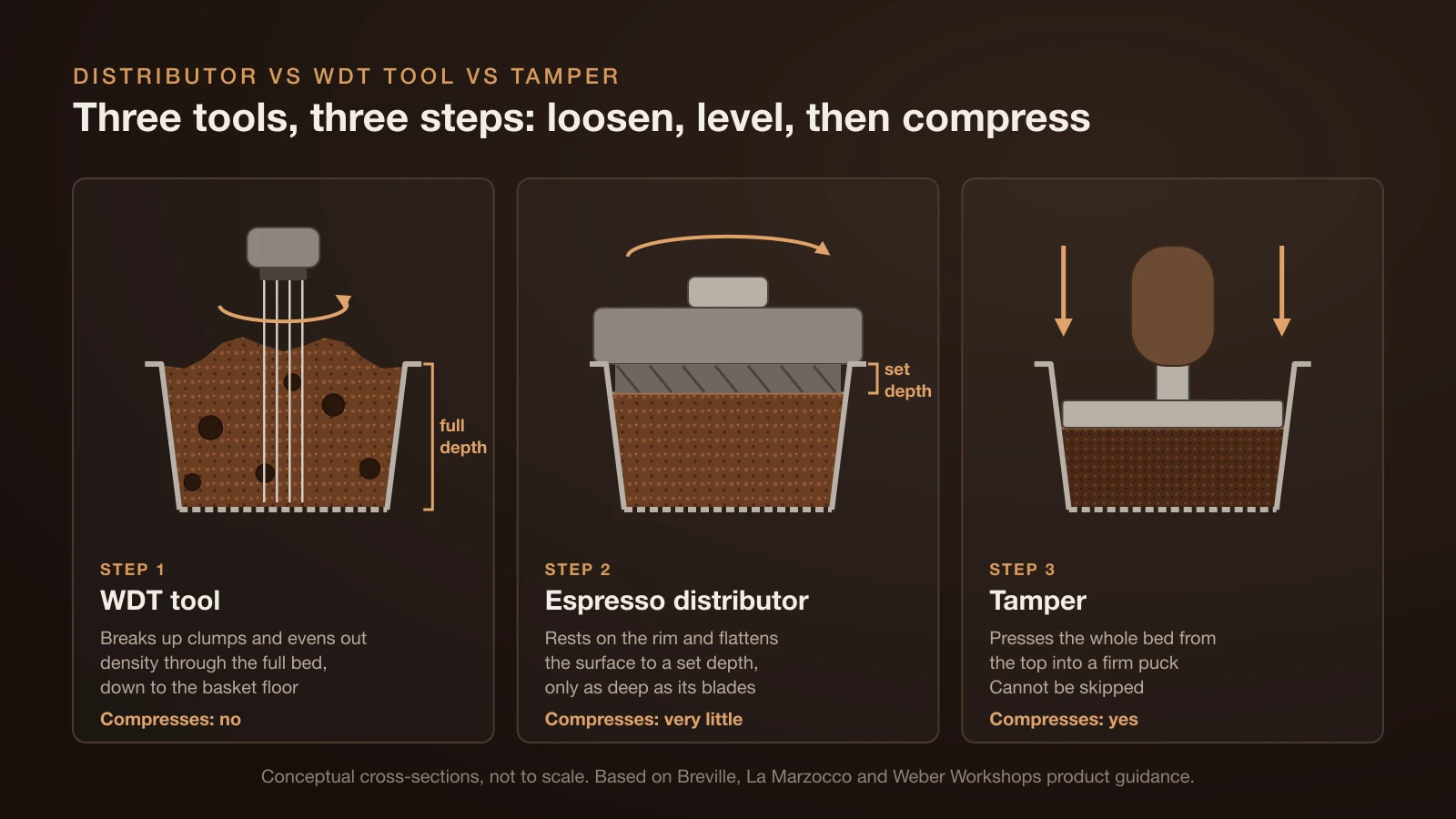 Three basket cross-sections: a WDT needle tool stirring clumpy grounds down to the basket floor, an espresso distributor resting on the rim and leveling the top layer to a set depth, and a tamper pressing the whole bed into a firm puck