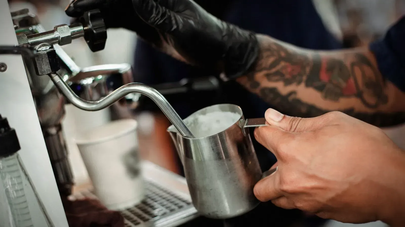 Gloved hand holding a stainless steel pitcher of milk under an espresso machine steam wand