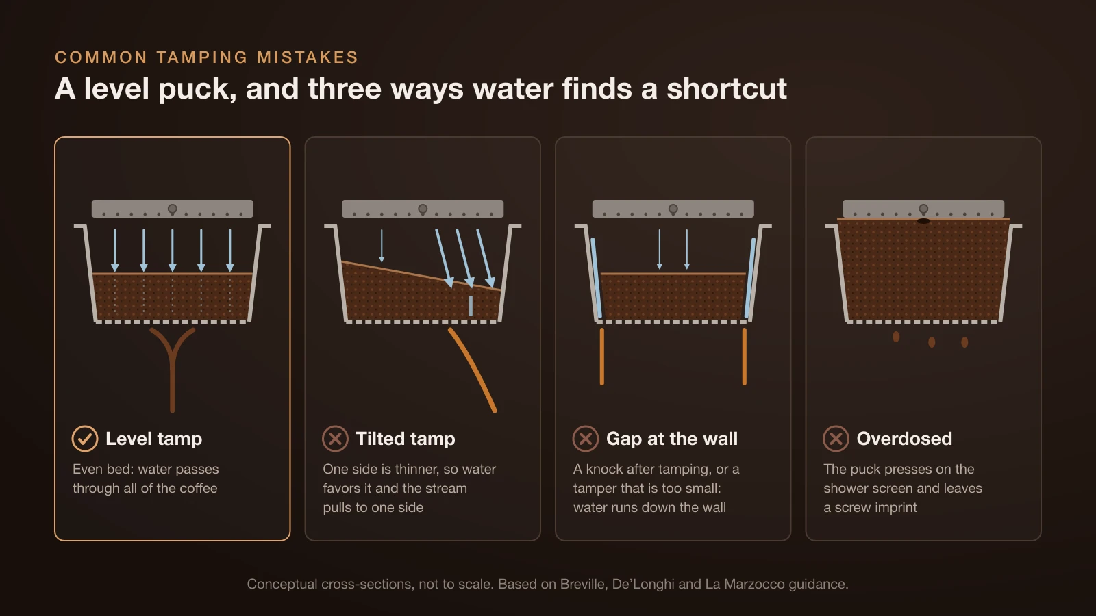 Four basket cross-sections: a level tamp with water passing evenly through the coffee, a tilted tamp where water favors the thin side and the stream pulls sideways, a gap at the basket wall where water runs down the edge, and an overdosed basket whose puck touches the shower screen